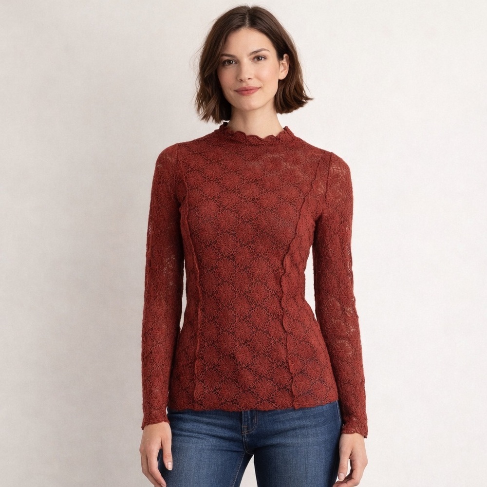 VICI Boutique Rust Floral Lace Top Mock Neck Long Sleeve Romantic Boho Blouse M